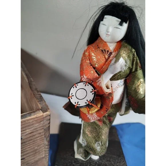 Vintage Japanese Geisha Doll w Kimono and Drum w/ Wood Base